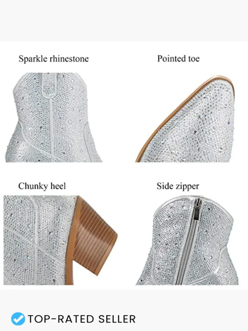 Rhinestone Cowboy Boots Chunky Heel Sparkly Cowgirl Ankle Boots Party Pointed